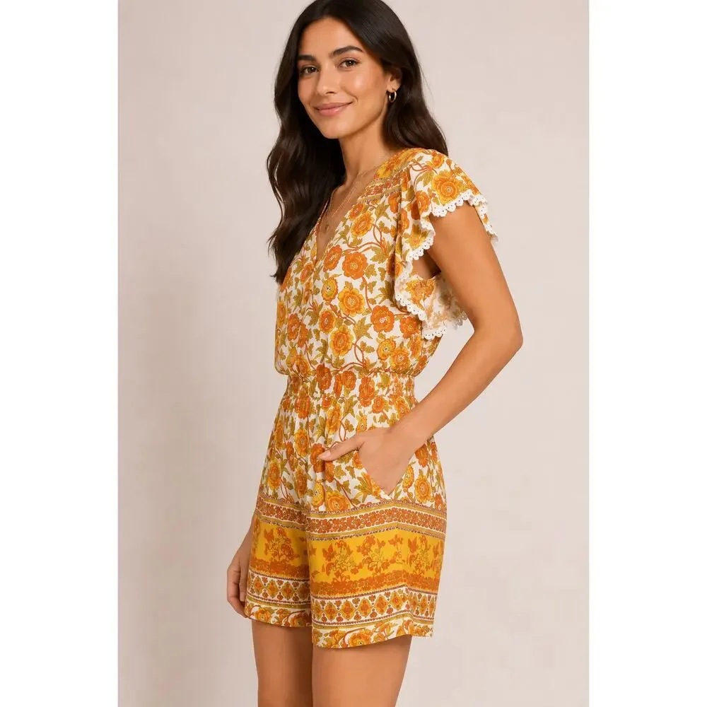 Entro Womens Orange Gold Floral Playsuit Romper Elastic Waist Size Small NWT
